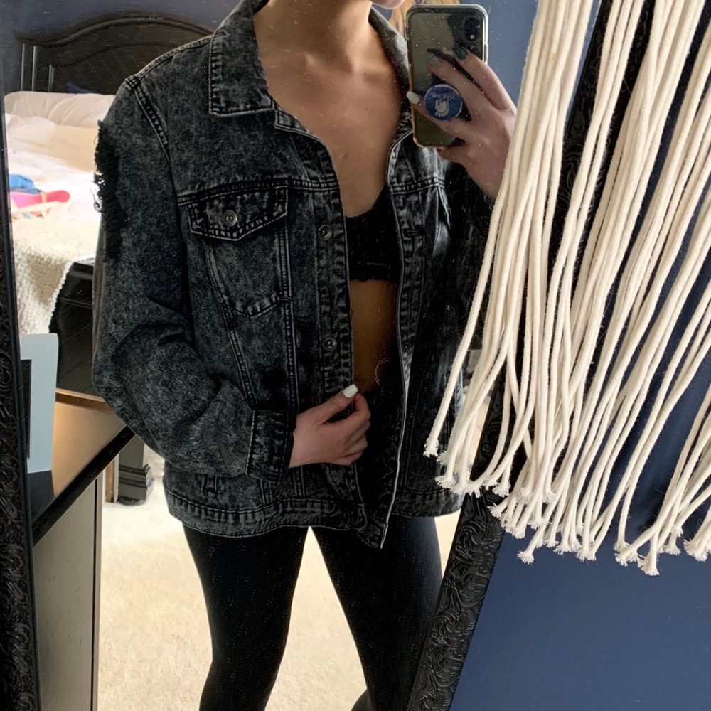 F21 Over-Sized Black Distressed Denim Jacket